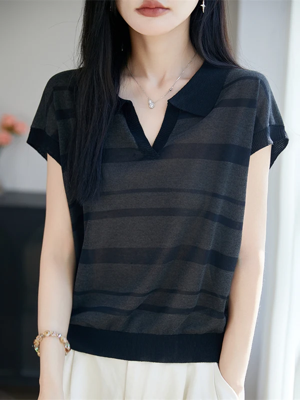 Summer New Loose Fit Short Sleeve Silk Knitwear Women's T-Shirt Transparent Lace up Front Collar Striped Knitted Top
Summer New Loose Fit Short Sleeve Silk Knitwear Women's T-Shirt Transparent Lace up Front Collar Striped Knitted Top