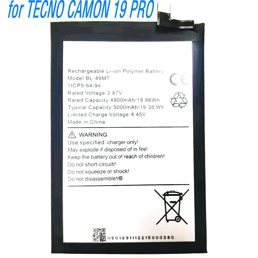 2025 Year 3.87V 19.35Wh BL-49MT Li-ion Polymer Battery TECNO CAMON 19 PRO Mobile Phone
2025 Year 3.87V 19.35Wh BL-49MT Li-ion Polymer Battery TECNO CAMON 19 PRO Mobile Phone