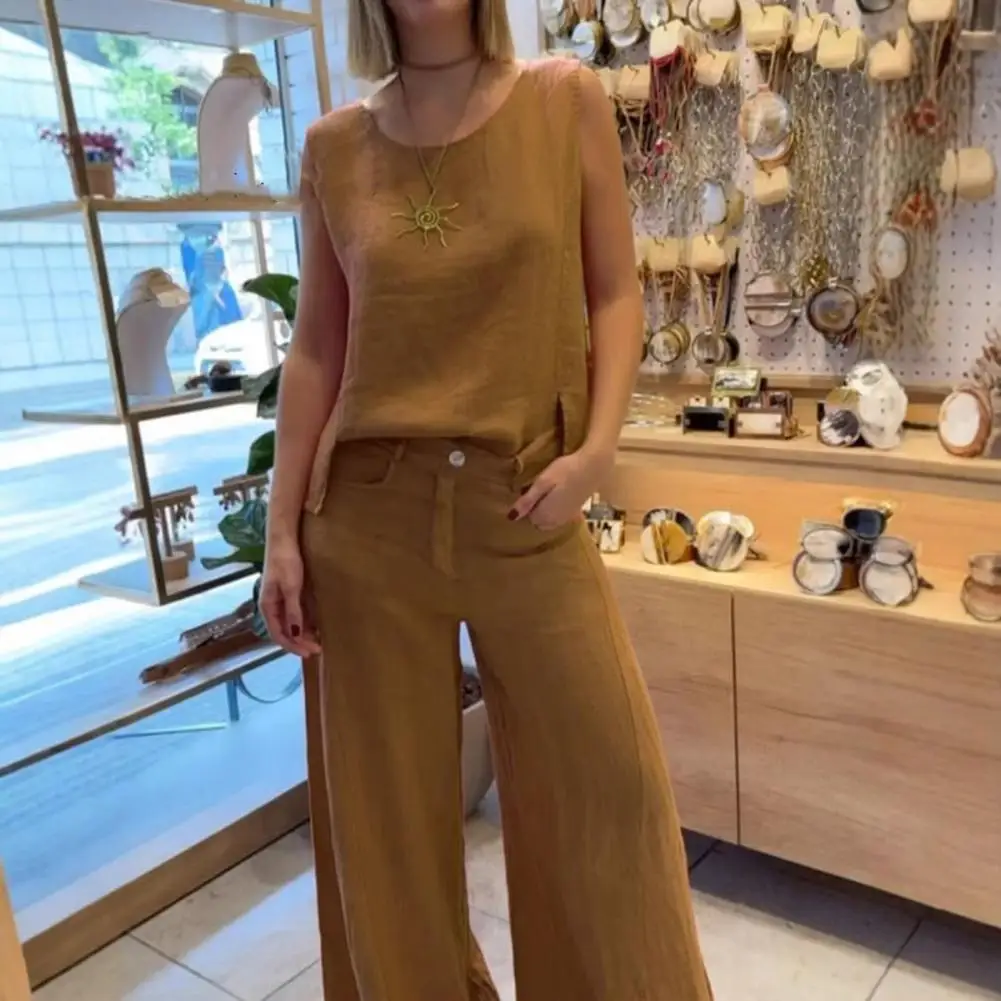 Loose Fit Women Suit Set Stylish Women's Cotton Linen 2-piece Lounge Set with Sleeveless Tank Top Wide Leg Pants for Daily
Loose Fit Women Suit Set Stylish Women's Cotton Linen 2-piece Lounge Set with Sleeveless Tank Top Wide Leg Pants for Daily