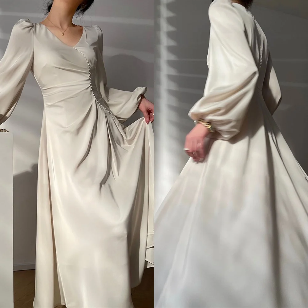 Customized Classic Ivory Satin Evening Dress Exquisite V-Neck Puff Sleeves Long Sleeves Buttons Zipper Back Homecoming Dress
Customized Classic Ivory Satin Evening Dress Exquisite V-Neck Puff Sleeves Long Sleeves Buttons Zipper Back Homecoming Dress