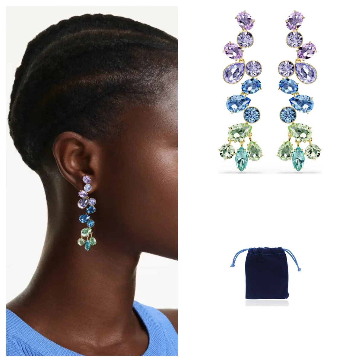 Gema drop earrings Mixed cuts, Chandelier, Long, Multicoloured, 18k gold finish
Gema drop earrings Mixed cuts, Chandelier, Long, Multicoloured, 18k gold finish