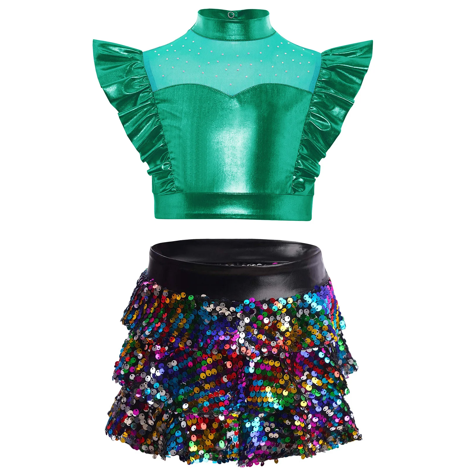 Kids Girls Jazz Dance Outfit Rhinestone Sleeveless Metallic Ruffle Jazz Dance Crop Top with Culottes Hiphop Jazz Dancewear
Kids Girls Jazz Dance Outfit Rhinestone Sleeveless Metallic Ruffle Jazz Dance Crop Top with Culottes Hiphop Jazz Dancewear