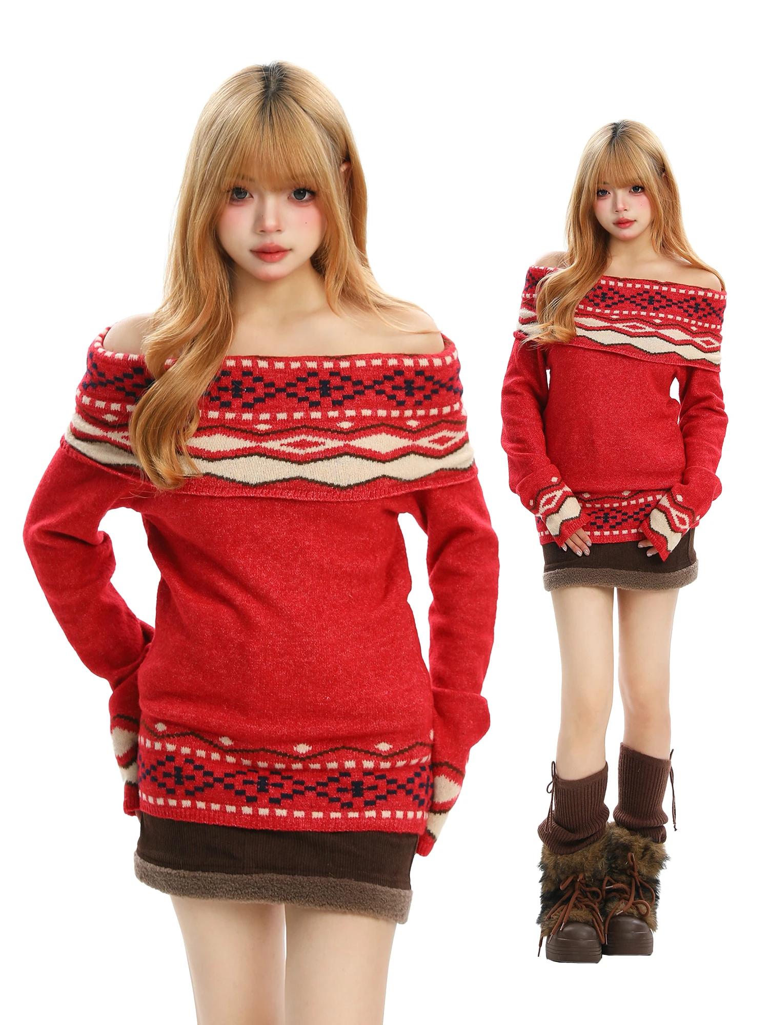 BearGirl Retro Sle Fair Isle One oulder New Year Sweater Women's Autumn Winter Design Red Knitted Top for Young Girls
BearGirl Retro Sle Fair Isle One oulder New Year Sweater Women's Autumn Winter Design Red Knitted Top for Young Girls