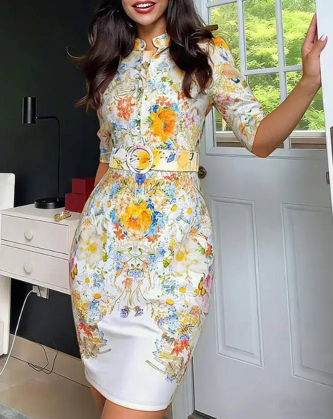 Women's Dress New French Elegant Style Flower Print Round Neck Button Belt Decoration Five Quarter Sleeve Hip Hugging Dress
Women's Dress New French Elegant Style Flower Print Round Neck Button Belt Decoration Five Quarter Sleeve Hip Hugging Dress