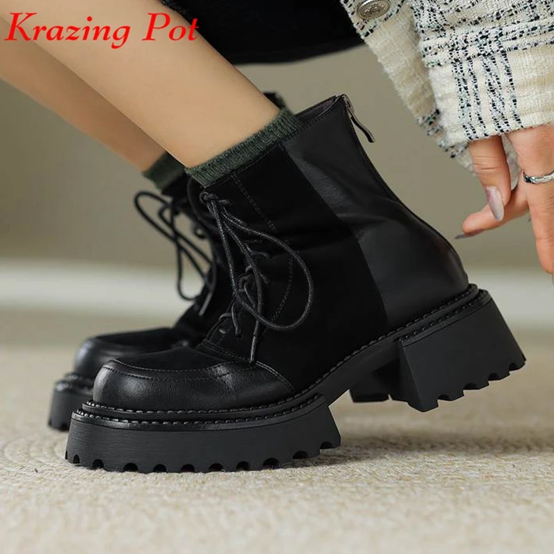 Krazing Pot Cow Leather Kid Suede Round Toe Med Heels Winter Western Boots Platform High Quality Street Wear Warm Ankle Boots
Krazing Pot Cow Leather Kid Suede Round Toe Med Heels Winter Western Boots Platform High Quality Street Wear Warm Ankle Boots