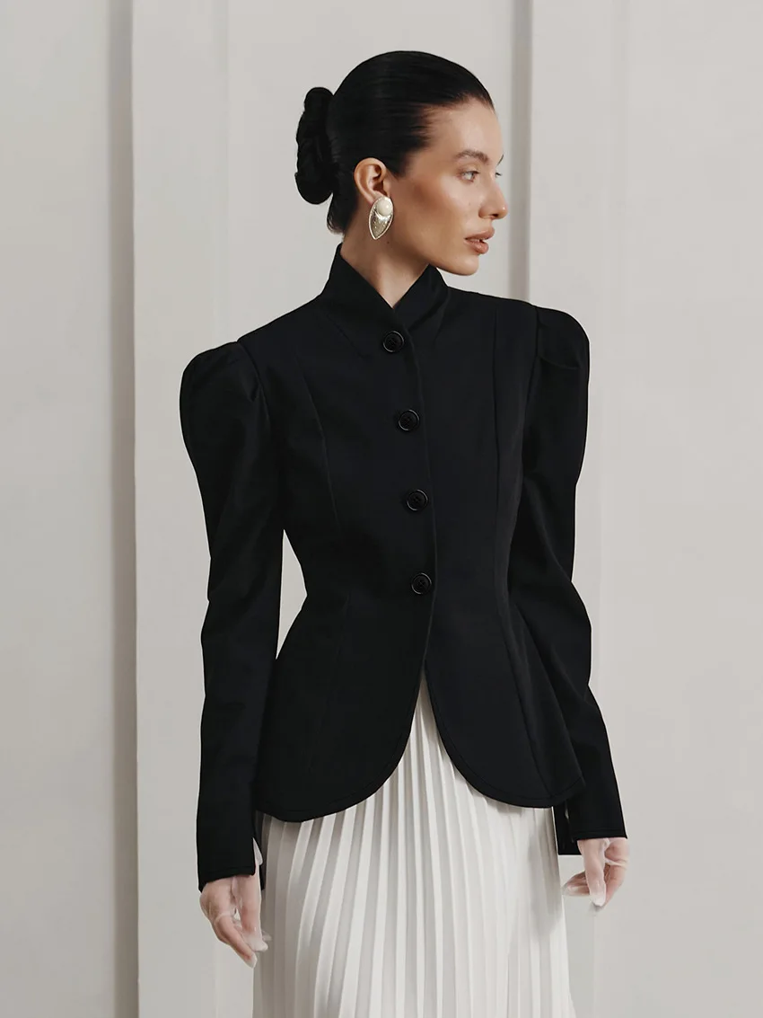 Women's Minimally Ventilated Black Bubble Sleeve Suit Waist Cinched Stand up Collar Jacket High-End Autumn Fashion
Women's Minimally Ventilated Black Bubble Sleeve Suit Waist Cinched Stand up Collar Jacket High-End Autumn Fashion