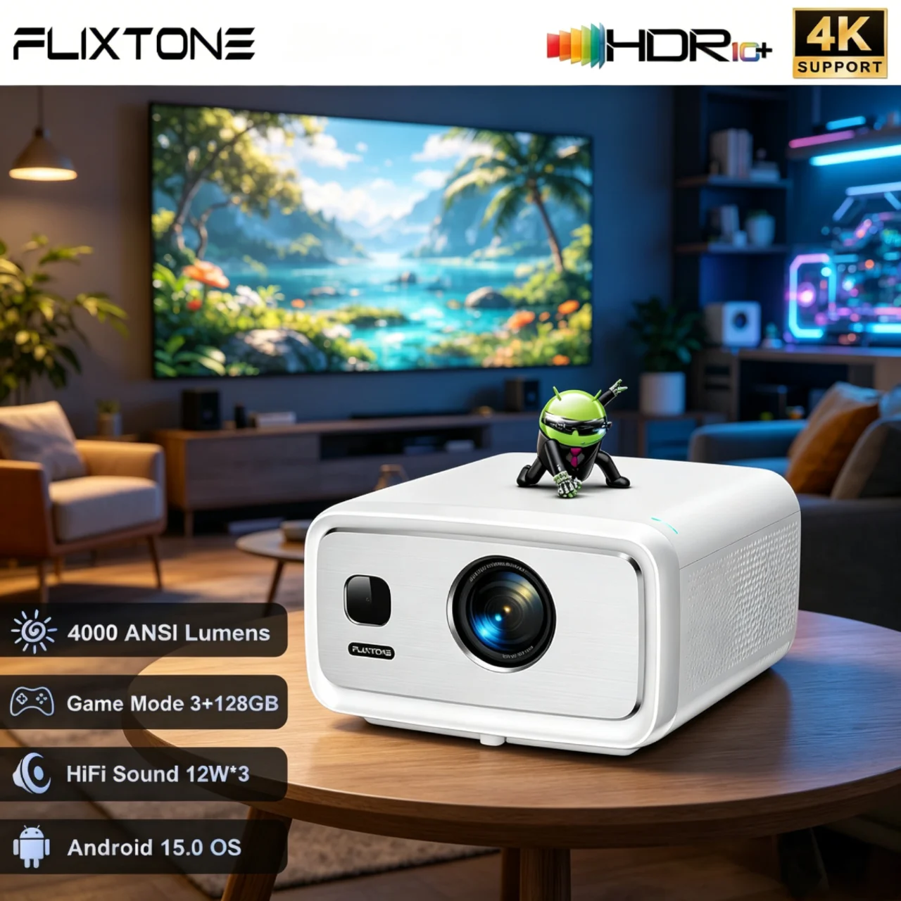 Flixtone D10S 1080P projector Android 15.0 4000ANSI lumens high brightness full HD 4K decoding HDR MEMC home theater
Flixtone D10S 1080P projector Android 15.0 4000ANSI lumens high brightness full HD 4K decoding HDR MEMC home theater