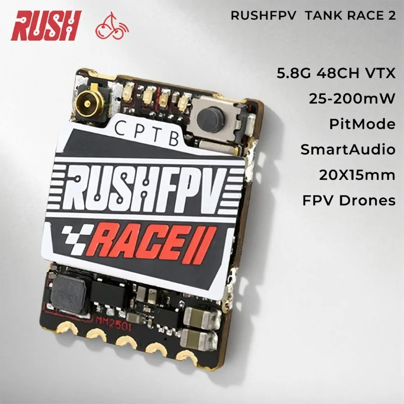 RUSHFPV TANK RACE 2 5.8G 48CH VTX, 25mW/100mW/200mW, PitMode, SmartAudio, 20x15mm FPV Drone Transmitter
RUSHFPV TANK RACE 2 5.8G 48CH VTX, 25mW/100mW/200mW, PitMode, SmartAudio, 20x15mm FPV Drone Transmitter