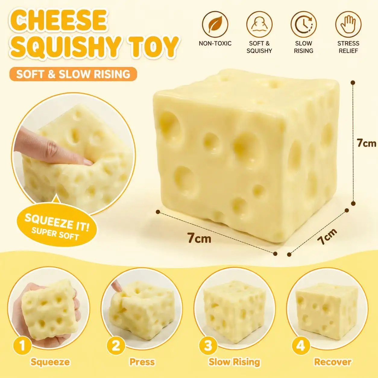 Cheese shaped slow rebound decompression kneading toy, simulated food soft rubber venting tool, adult and children's stress relief toy
Cheese shaped slow rebound decompression kneading toy, simulated food soft rubber venting tool, adult and children's stress relief toy