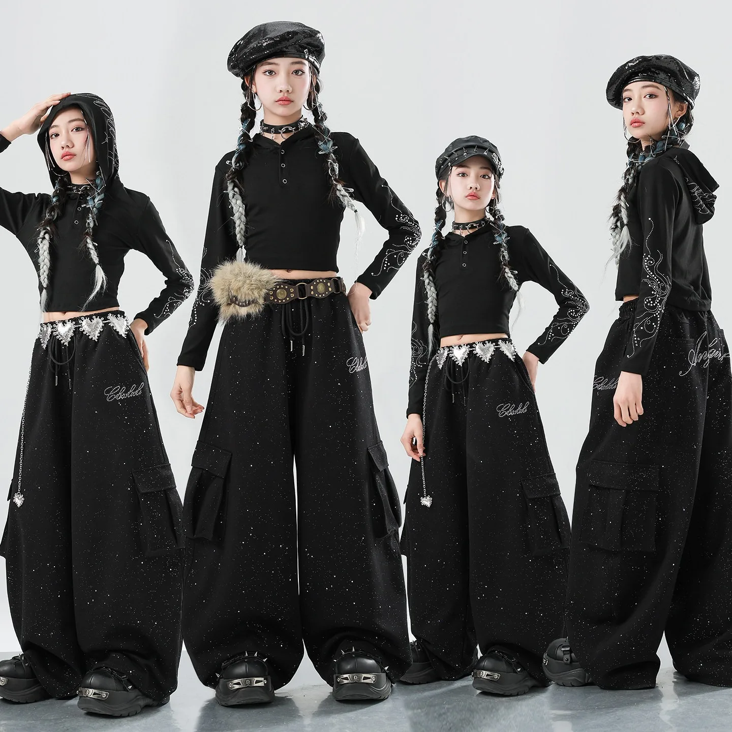 Black Jazz Dance Clothes Girls Hooded Navel Tops Baggy Cargo Pants Long Sleeves Hip Hop Performance Suit Street Wear BL18455
Black Jazz Dance Clothes Girls Hooded Navel Tops Baggy Cargo Pants Long Sleeves Hip Hop Performance Suit Street Wear BL18455