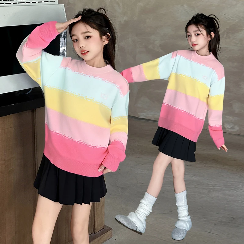 Sweet Style Kids Candy Color Wide Striped Sweaters for Girls High Fashion Autumn Knit Clothes Children Trendy Street Knitwear
Sweet Style Kids Candy Color Wide Striped Sweaters for Girls High Fashion Autumn Knit Clothes Children Trendy Street Knitwear