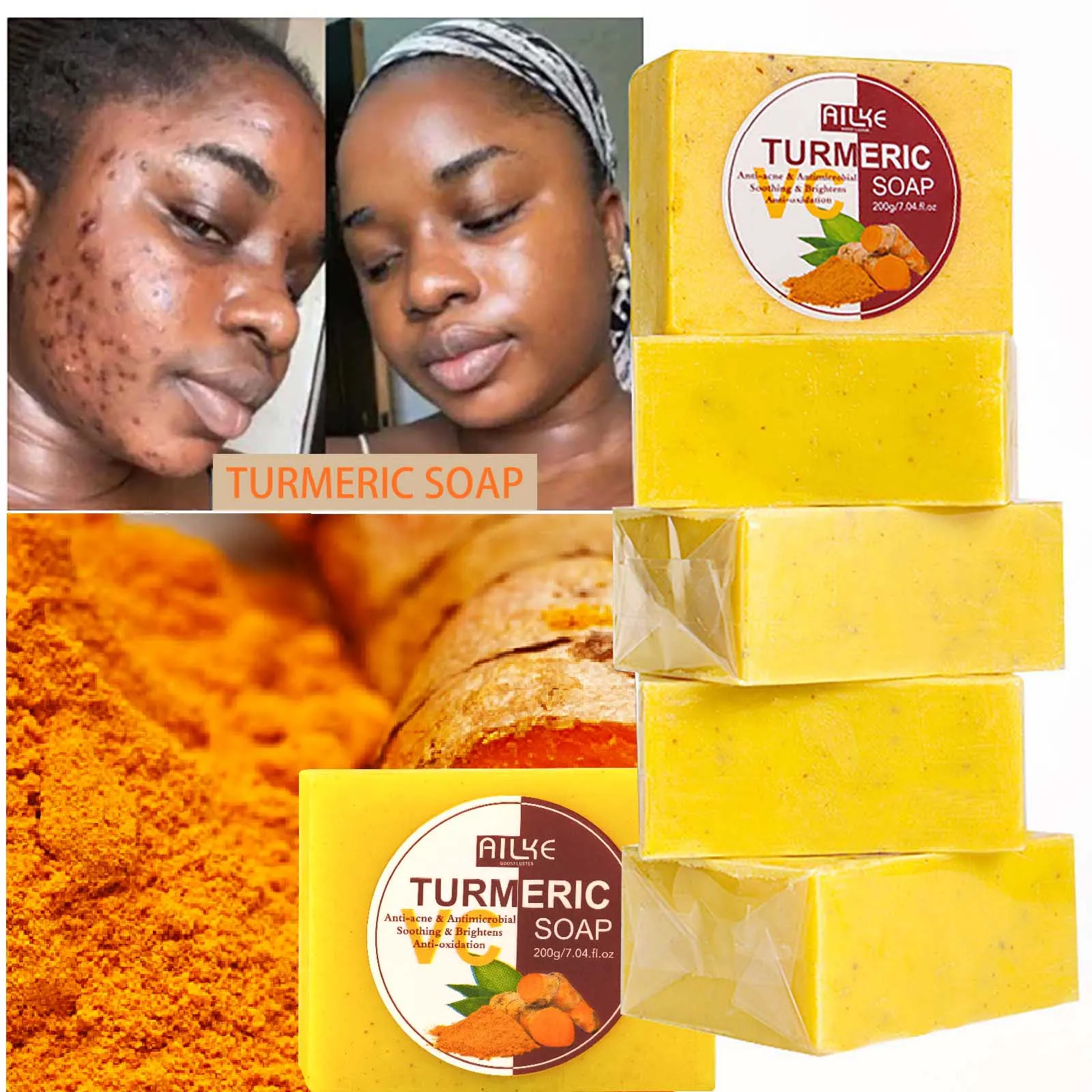 AILKE Natural Turmeric Bath Soap for Face, Body, Hands, Lightening, Cleaning, Even Skin Tone, Anti Dark Spots and Acne, 200g
AILKE Natural Turmeric Bath Soap for Face, Body, Hands, Lightening, Cleaning, Even Skin Tone, Anti Dark Spots and Acne, 200g