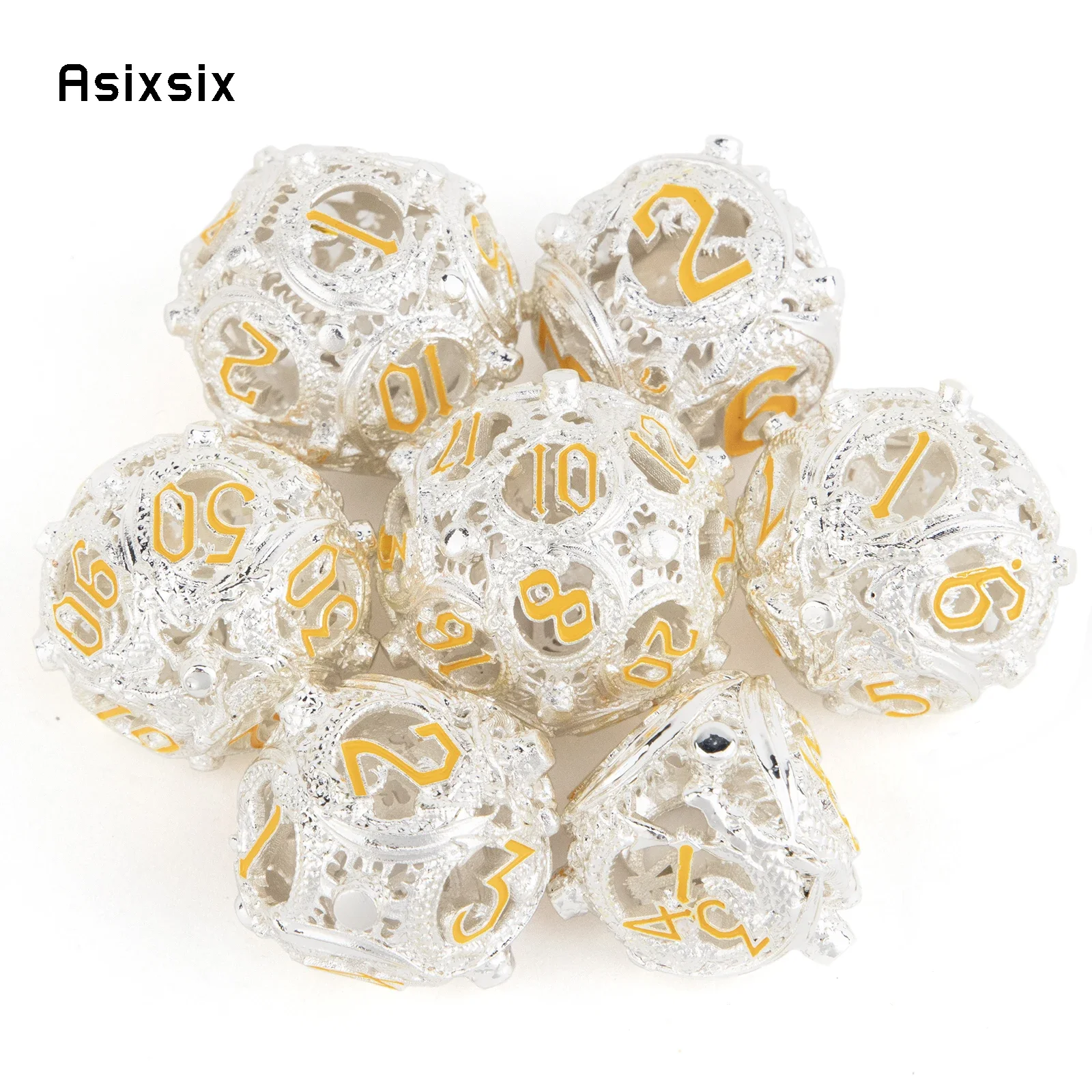 7 Pcs White Yellow Circular Dragon Metal Dice Hollow Metal Polyhedral Dice Set Suitable for Role-Playing RPG Game Card Game
7 Pcs White Yellow Circular Dragon Metal Dice Hollow Metal Polyhedral Dice Set Suitable for Role-Playing RPG Game Card Game