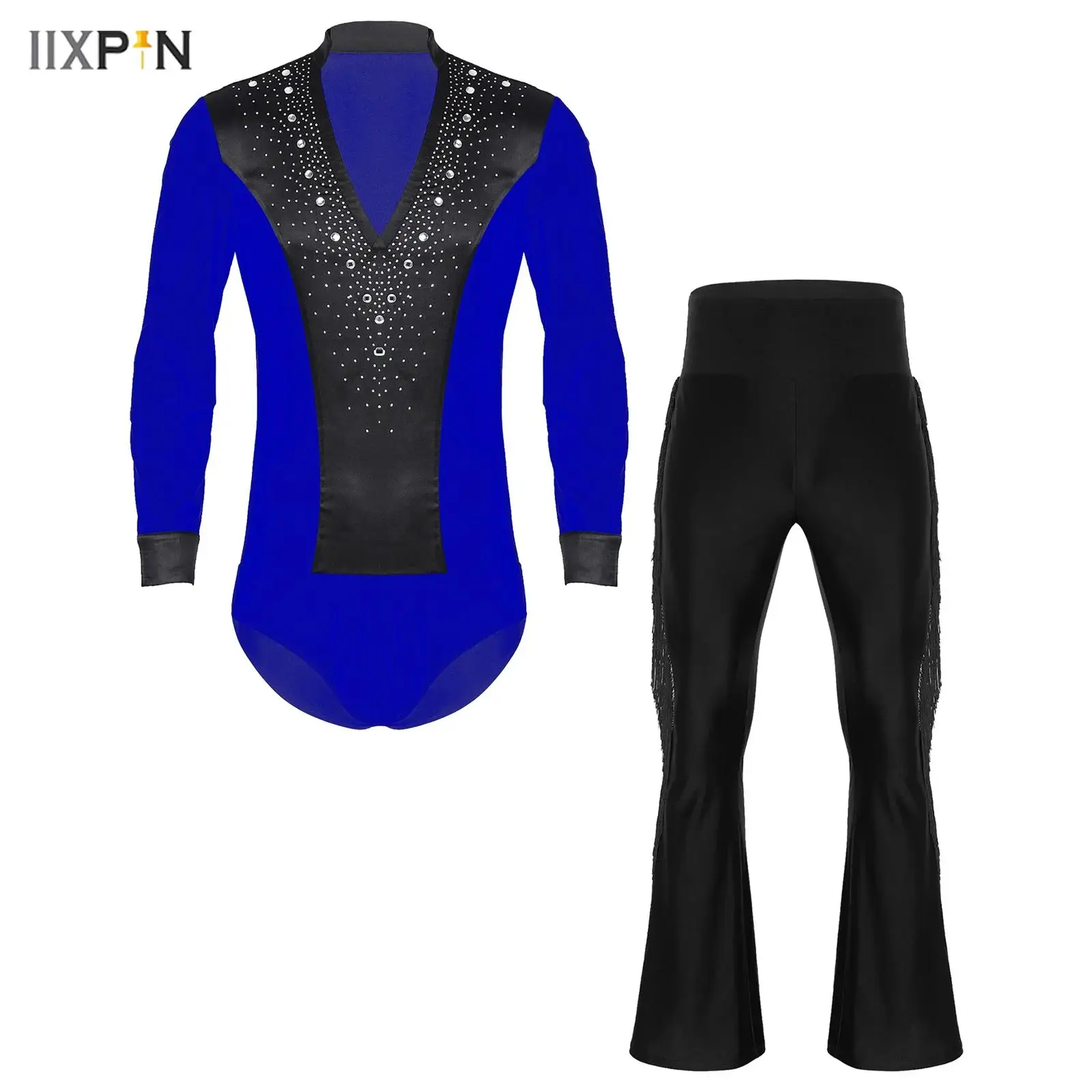 Mens Figure Skating Latin Dance Leotard Sets Glittery Rhinestone V Neck Long Sleeve Satin Patchwork Bodysuit+Tassel Flared Pants
Mens Figure Skating Latin Dance Leotard Sets Glittery Rhinestone V Neck Long Sleeve Satin Patchwork Bodysuit+Tassel Flared Pants