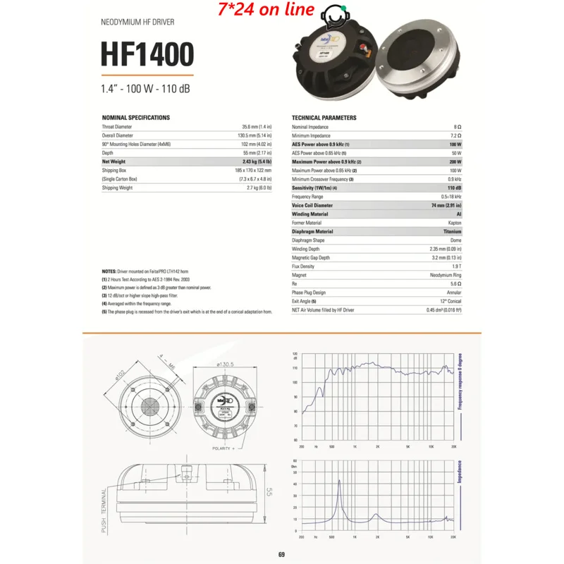 Faital Speakers Original Italiy HF1400 1.4"-200W-110dB 1.4 Inch Tweeter Unit Voice Coil 74mm Neodymium HF Driver 8ohm (1PCS)
Faital Speakers Original Italiy HF1400 1.4"-200W-110dB 1.4 Inch Tweeter Unit Voice Coil 74mm Neodymium HF Driver 8ohm (1PCS)