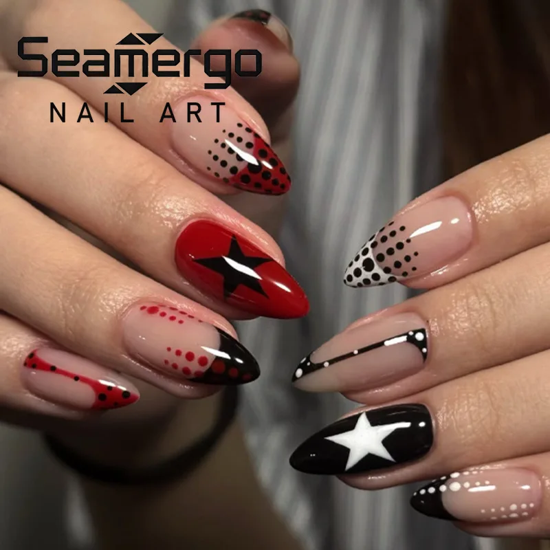 24PCS Y2k Dark Red Almond Press on Nails Black Star Dots French Fake Nails for Spice Girls Sweet Cool Simple Ins Nail Tips Patch
24PCS Y2k Dark Red Almond Press on Nails Black Star Dots French Fake Nails for Spice Girls Sweet Cool Simple Ins Nail Tips Patch