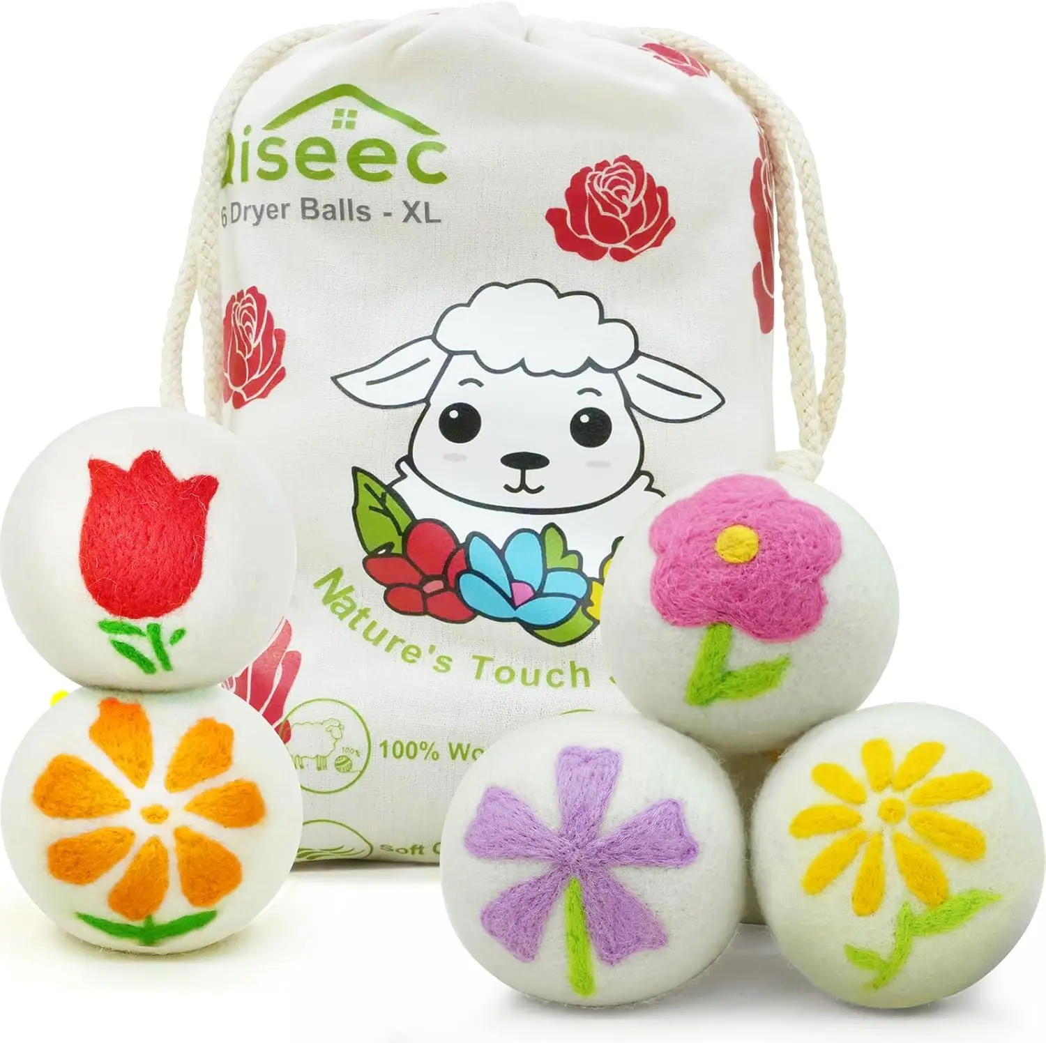 XL Wool Dryer Balls 6-Pack with Petal Embroidery - Natural Fabric Softener Reduces Wrinkles and Drying Time
XL Wool Dryer Balls 6-Pack with Petal Embroidery - Natural Fabric Softener Reduces Wrinkles and Drying Time