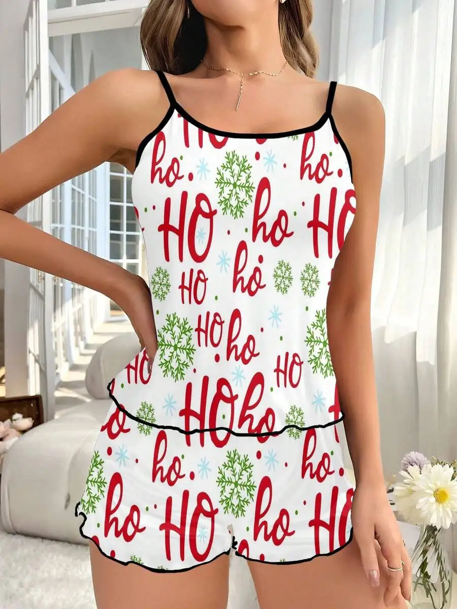 Womens Ho Ho Ho Snowflake Print Two Piece Pajama Set Polyester Camisole And Shorts
Womens Ho Ho Ho Snowflake Print Two Piece Pajama Set Polyester Camisole And Shorts