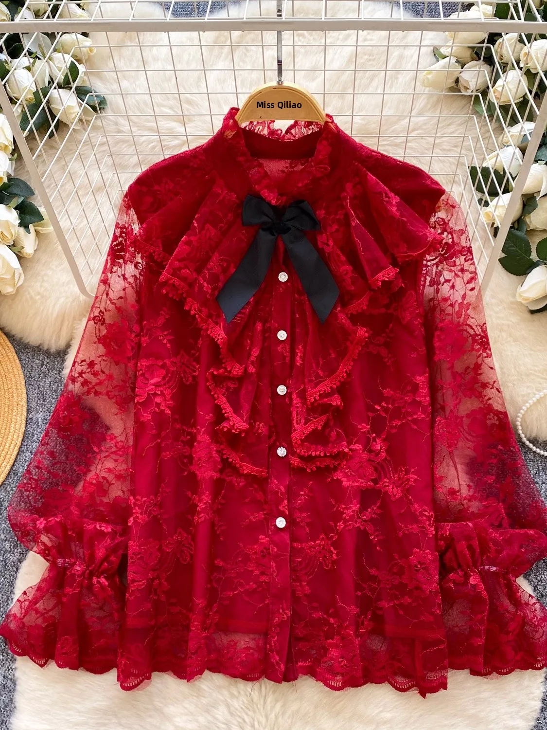 Romantic Red Lace Splice Hem Shirt Anti-Aging French Style Loose Fit Long Sleeve Pure Color Casual Commute Women's Top
Romantic Red Lace Splice Hem Shirt Anti-Aging French Style Loose Fit Long Sleeve Pure Color Casual Commute Women's Top