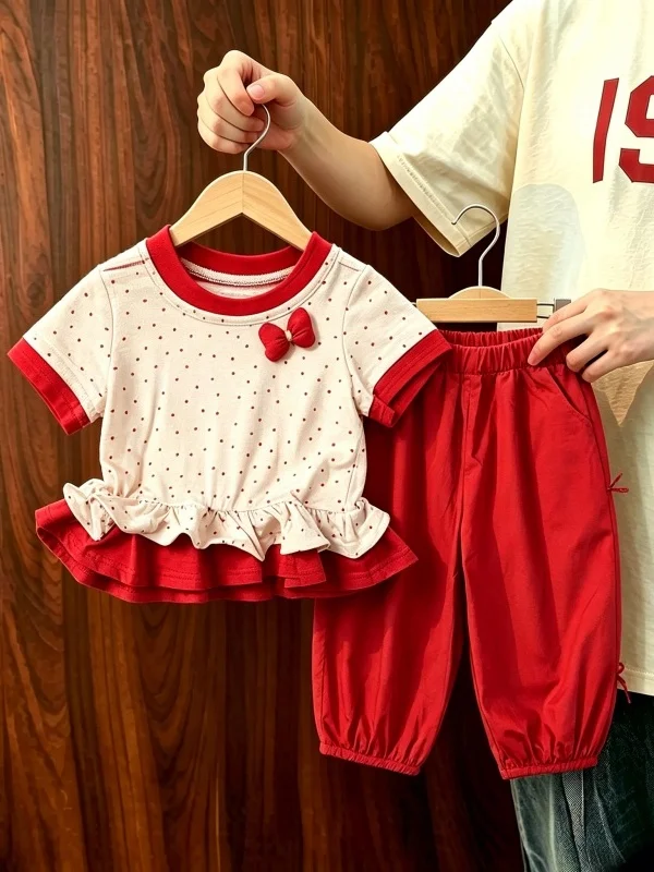 Girls Summer 2026 Fashionable Knot Ruffle Polka Dot Short Sleeve Lantern Pants Two Piece Set High Waist Long Pants
Girls Summer 2026 Fashionable Knot Ruffle Polka Dot Short Sleeve Lantern Pants Two Piece Set High Waist Long Pants