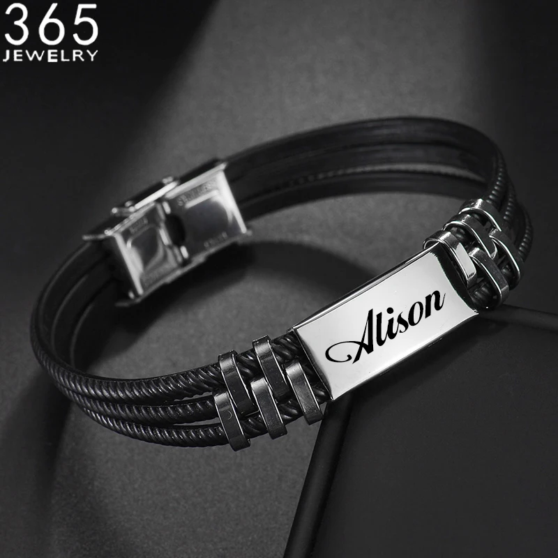 Punk Style Custom Letters Black PVC Rope Engraved Bracelets Titanium Steel Jewelry Men Bracelet for Husband Boys Birthday Gift
Punk Style Custom Letters Black PVC Rope Engraved Bracelets Titanium Steel Jewelry Men Bracelet for Husband Boys Birthday Gift
