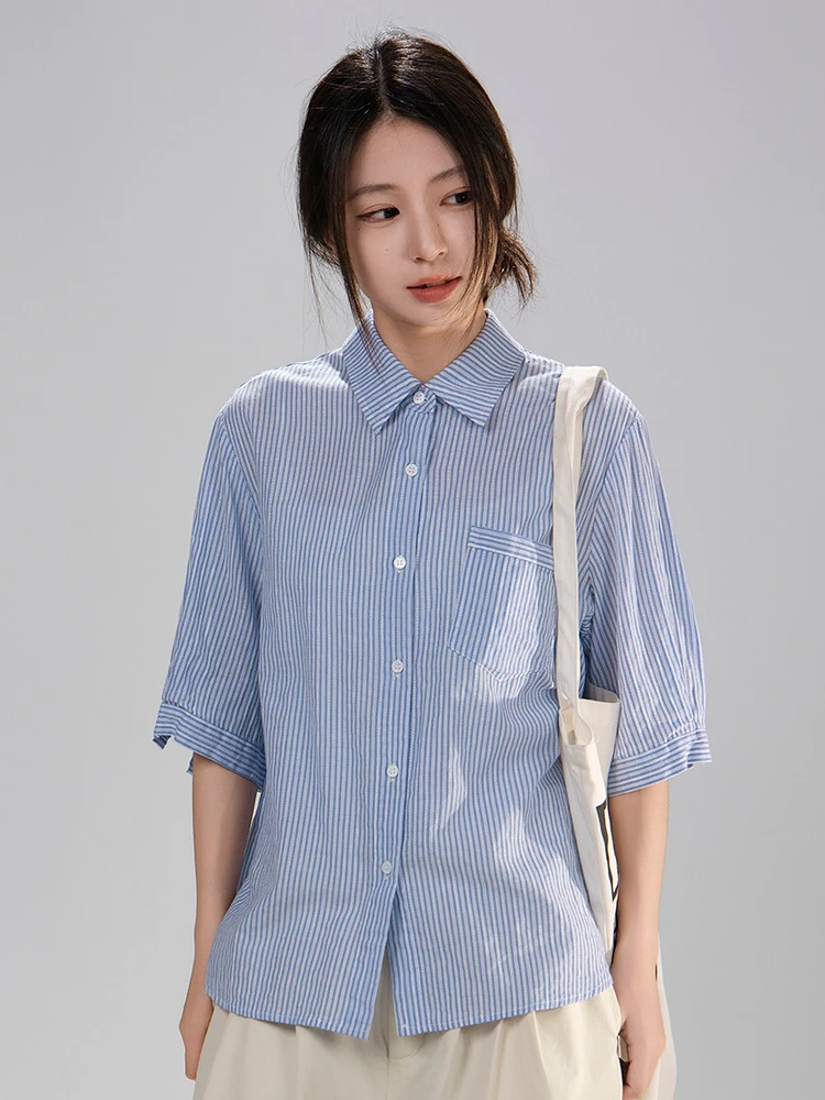 Loose Casual Blue Striped Short Sleeve Women's Shirt Summer Vintage Artisan Style Cotton Breathable Comfortable Neck Top
Loose Casual Blue Striped Short Sleeve Women's Shirt Summer Vintage Artisan Style Cotton Breathable Comfortable Neck Top