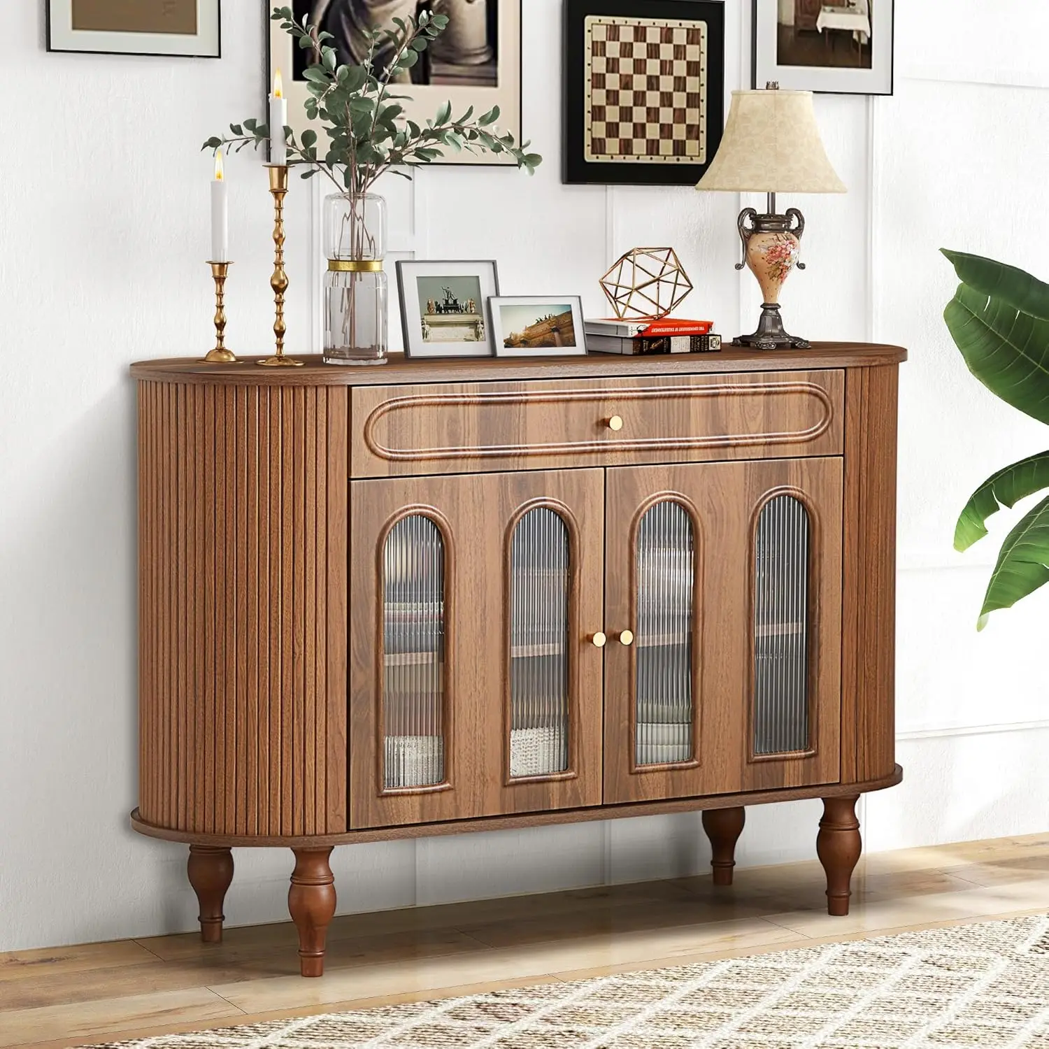 47'' Fluted Sideboard Buffet Cabinet Storage Drawer Tambour Sliding Door Walnut, Customized
47'' Fluted Sideboard Buffet Cabinet Storage Drawer Tambour Sliding Door Walnut, Customized