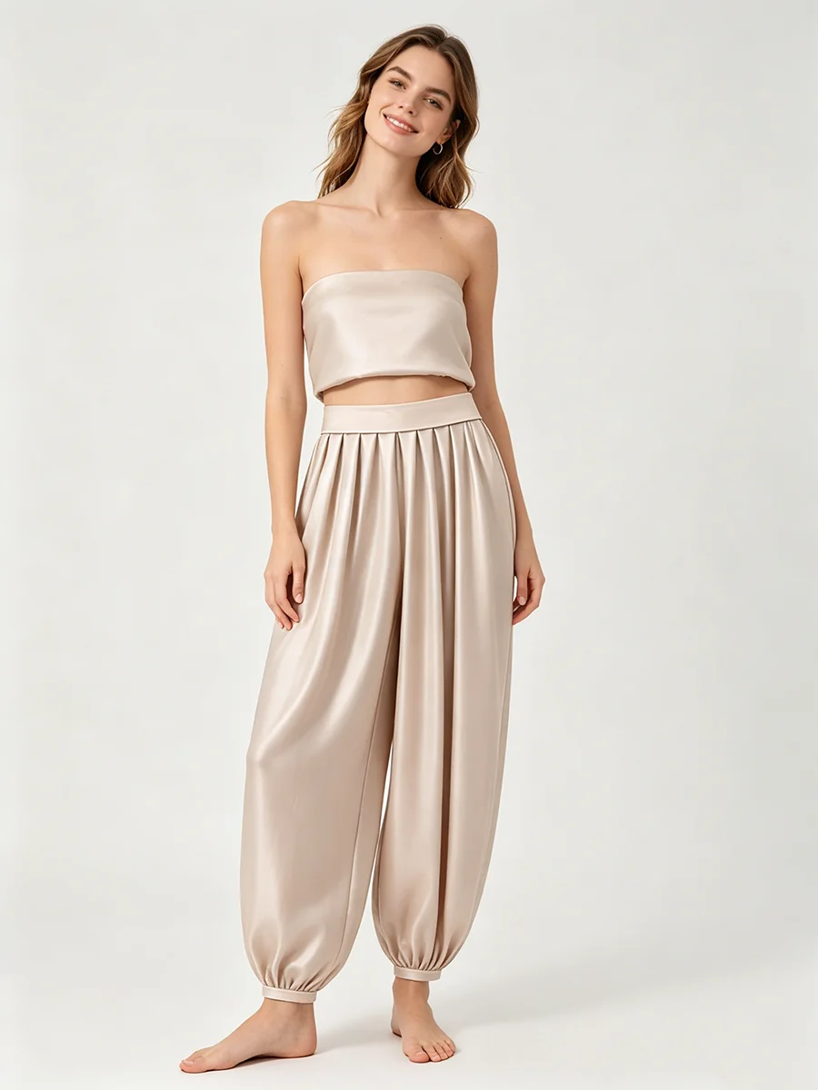 Women's Satin Harem Pants, Beige, Loose Fit, Stylish Casual Lantern Pants
Women's Satin Harem Pants, Beige, Loose Fit, Stylish Casual Lantern Pants