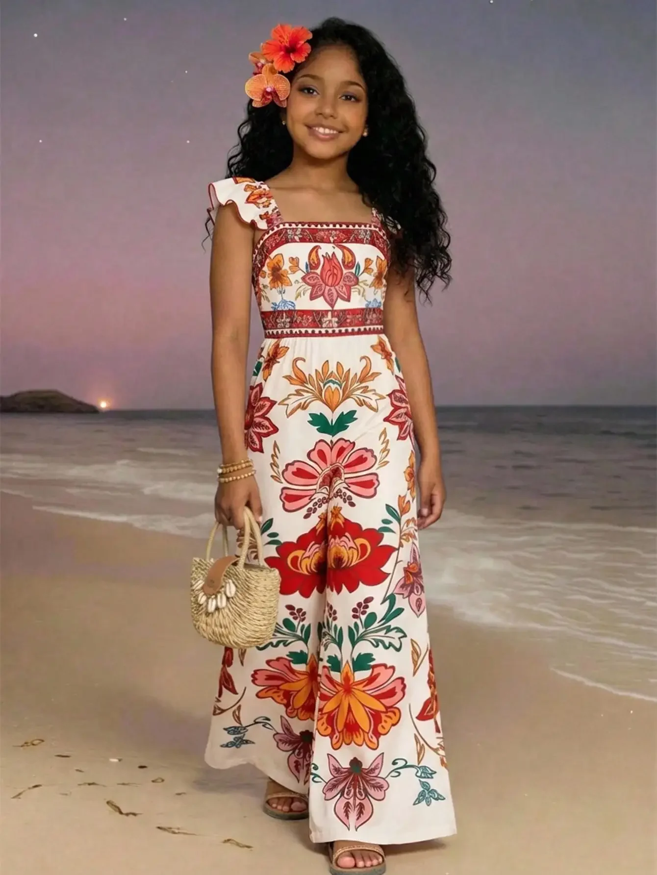 Soft Beige-Based Jumpsuit With Vibrant Red-Orange Floral And Green Leaf Patterns, Resembling A Lively Spring Garden. The Square Neckline Accentuates The Shoulder And Neck Lines, While The Flowy Sleeves Add A Dynamic Touch. The Cinched Waist
Soft Beige-Based Jumpsuit With Vibrant Red-Orange Floral And Green Leaf Patterns, Resembling A Lively Spring Garden. The Square Neckline Accentuates The Shoulder And Neck Lines, While The Flowy Sleeves Add A Dynamic Touch. The Cinched Waist