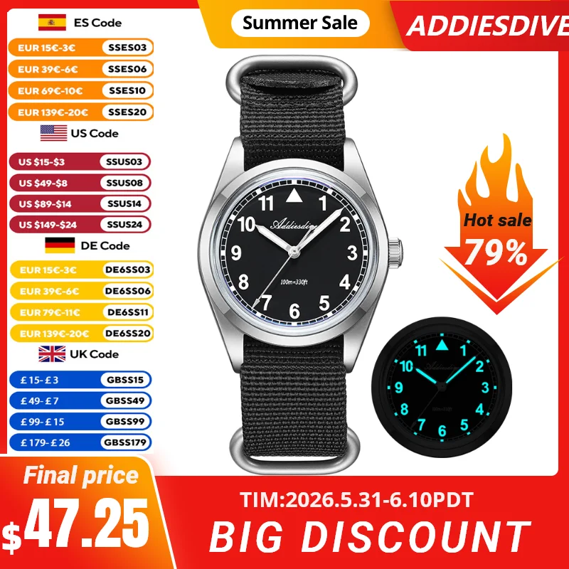 ADDIESDIVE 36mm Quartz Watches VH31 Bubble Mirror Glass Luxury Watch 10Bar Waterproof Luminous New Men's Retro Pilot Wristwatch
ADDIESDIVE 36mm Quartz Watches VH31 Bubble Mirror Glass Luxury Watch 10Bar Waterproof Luminous New Men's Retro Pilot Wristwatch