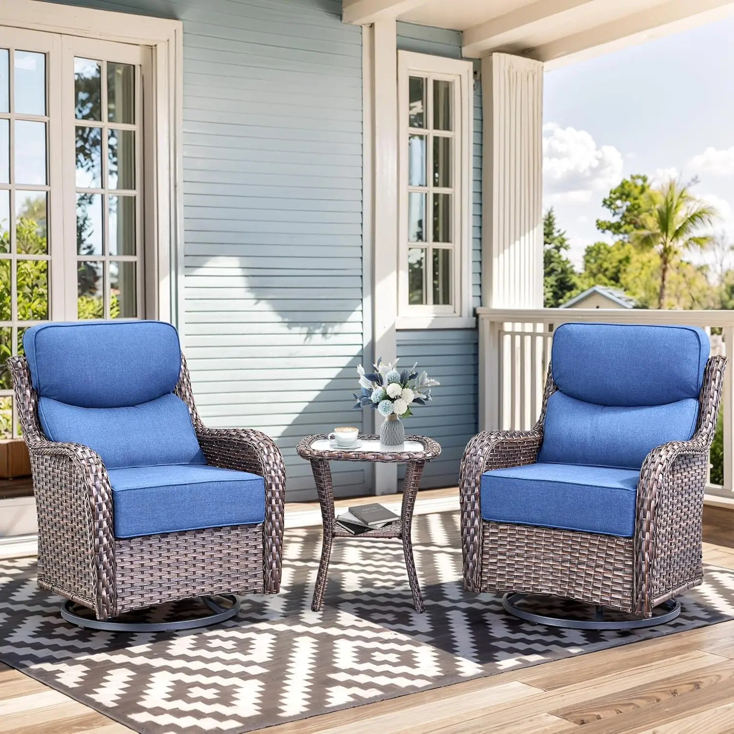 Luxury High Back Outdoor Swivel Rocker Patio Chairs with Side Table & 6-Inch Thick Cushions, 3 Pieces Patio Furniture, Custom
Luxury High Back Outdoor Swivel Rocker Patio Chairs with Side Table & 6-Inch Thick Cushions, 3 Pieces Patio Furniture, Custom