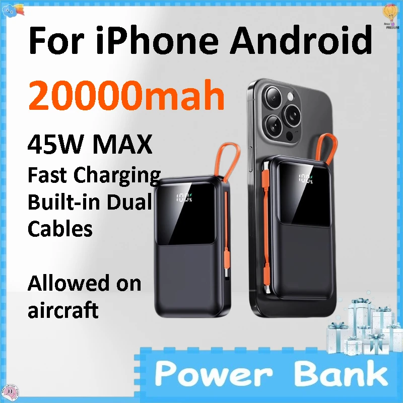 20000mAh Large Capacity Powerbank 45W Fast Charge Built-in Cord Portable External Charger for Smartphone IPhone Android
20000mAh Large Capacity Powerbank 45W Fast Charge Built-in Cord Portable External Charger for Smartphone IPhone Android