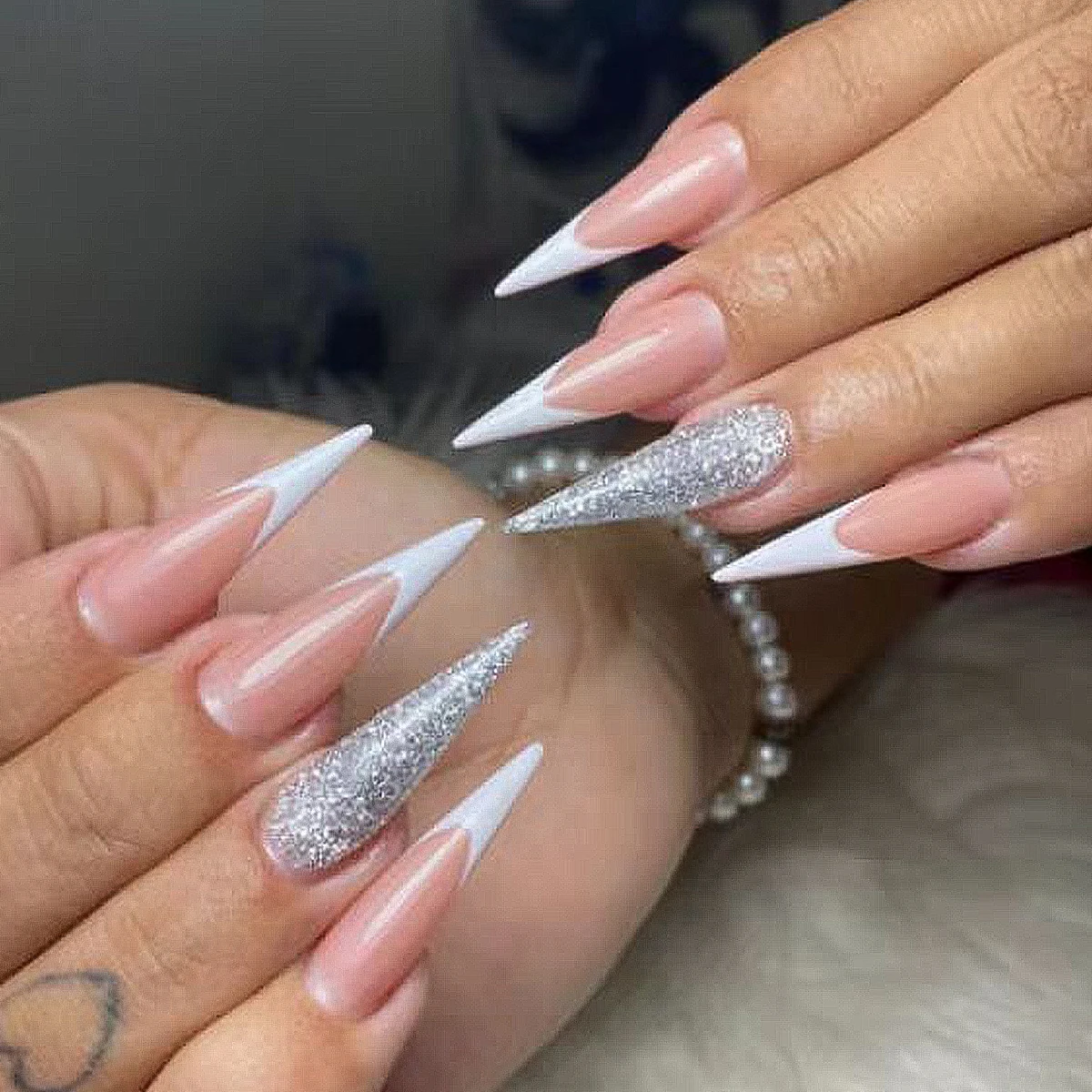 Long Stiletto French Press On Nails, Nude Pink with White Tips & Silver Glitter Accents, Summer Reusable Fake Nails
Long Stiletto French Press On Nails, Nude Pink with White Tips & Silver Glitter Accents, Summer Reusable Fake Nails