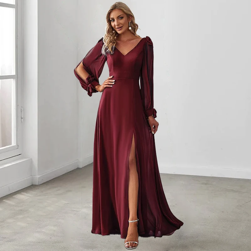 Elegant Chiffon Bridesmaid Dresses Graceful Long Sleeves Party Gowns For Women V-Neck Side Slit Floor-Length Vestidos Para Bodas
Elegant Chiffon Bridesmaid Dresses Graceful Long Sleeves Party Gowns For Women V-Neck Side Slit Floor-Length Vestidos Para Bodas