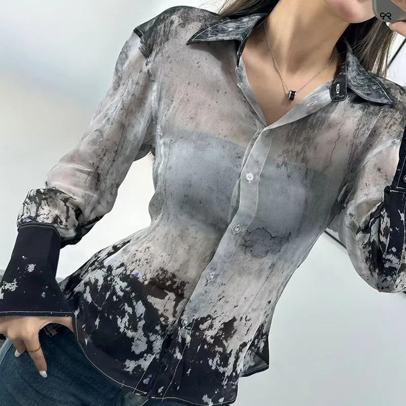 Women's shirt 2026 summer new single breasted slim women's long sleeved top Ink print Women's blouse Semi transparent thin tops
Women's shirt 2026 summer new single breasted slim women's long sleeved top Ink print Women's blouse Semi transparent thin tops