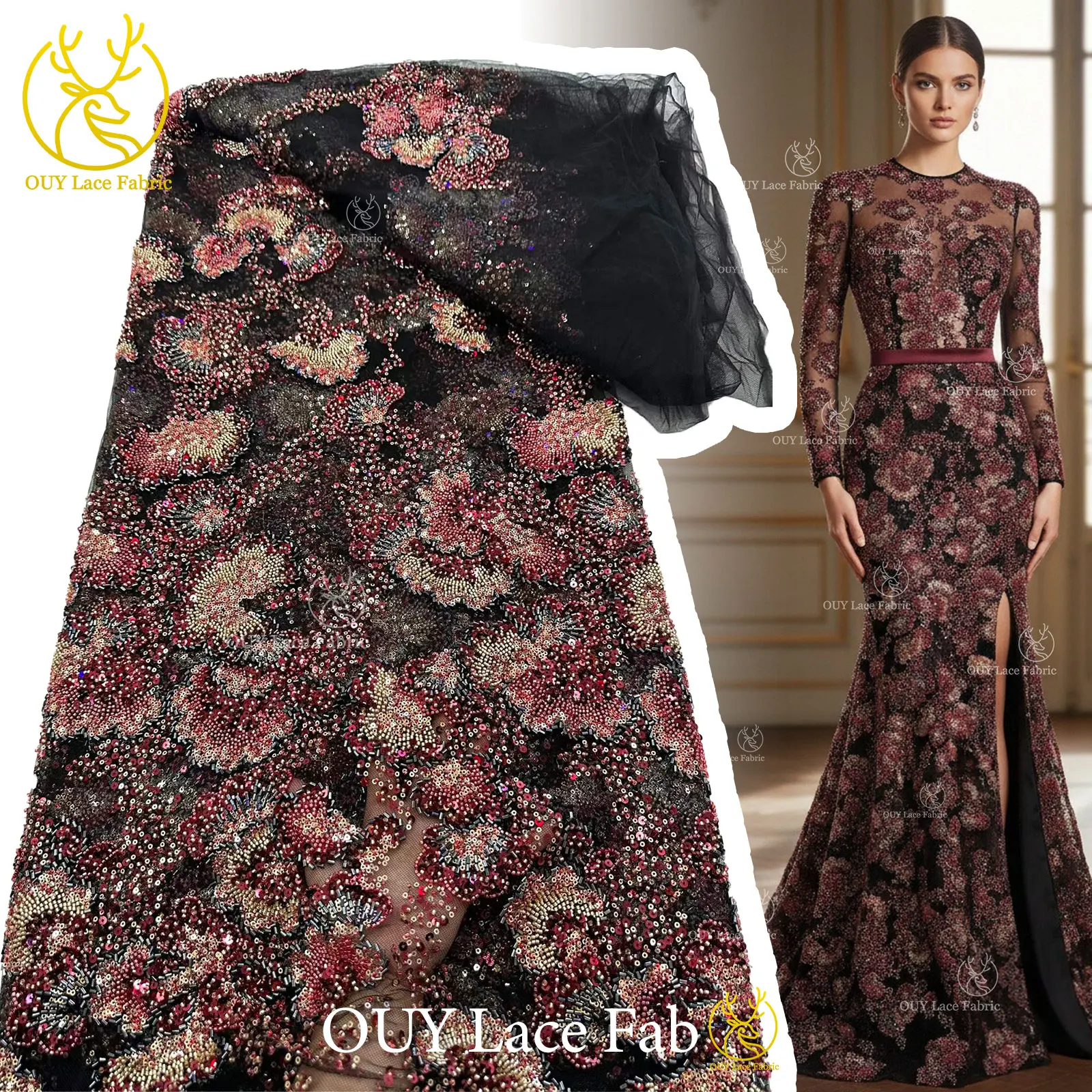 High Quality Nigerian Beaded Lace Fabric 5 Yards High End African Sequins Embroidery Tulle Lace For Wedding Party Dress Sewing
High Quality Nigerian Beaded Lace Fabric 5 Yards High End African Sequins Embroidery Tulle Lace For Wedding Party Dress Sewing