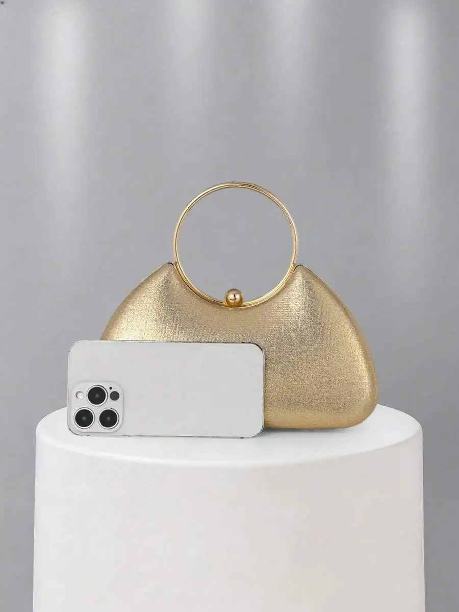 Gold Tone Mini Clutch Bag With Circular Handle For Evening Party
Gold Tone Mini Clutch Bag With Circular Handle For Evening Party