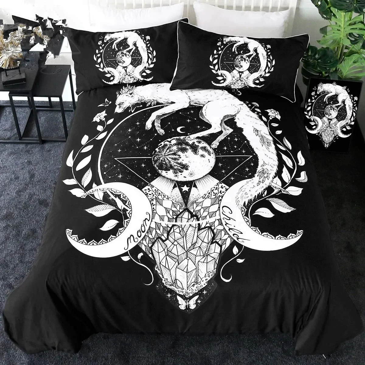 Moon Child Black Cold Art Moon Fox Duvet Cover Set Moon and Stars Bedding Set Black and White Fox Comforter Cover for Girl Boy 
Moon Child Black Cold Art Moon Fox Duvet Cover Set Moon and Stars Bedding Set Black and White Fox Comforter Cover for Girl Boy