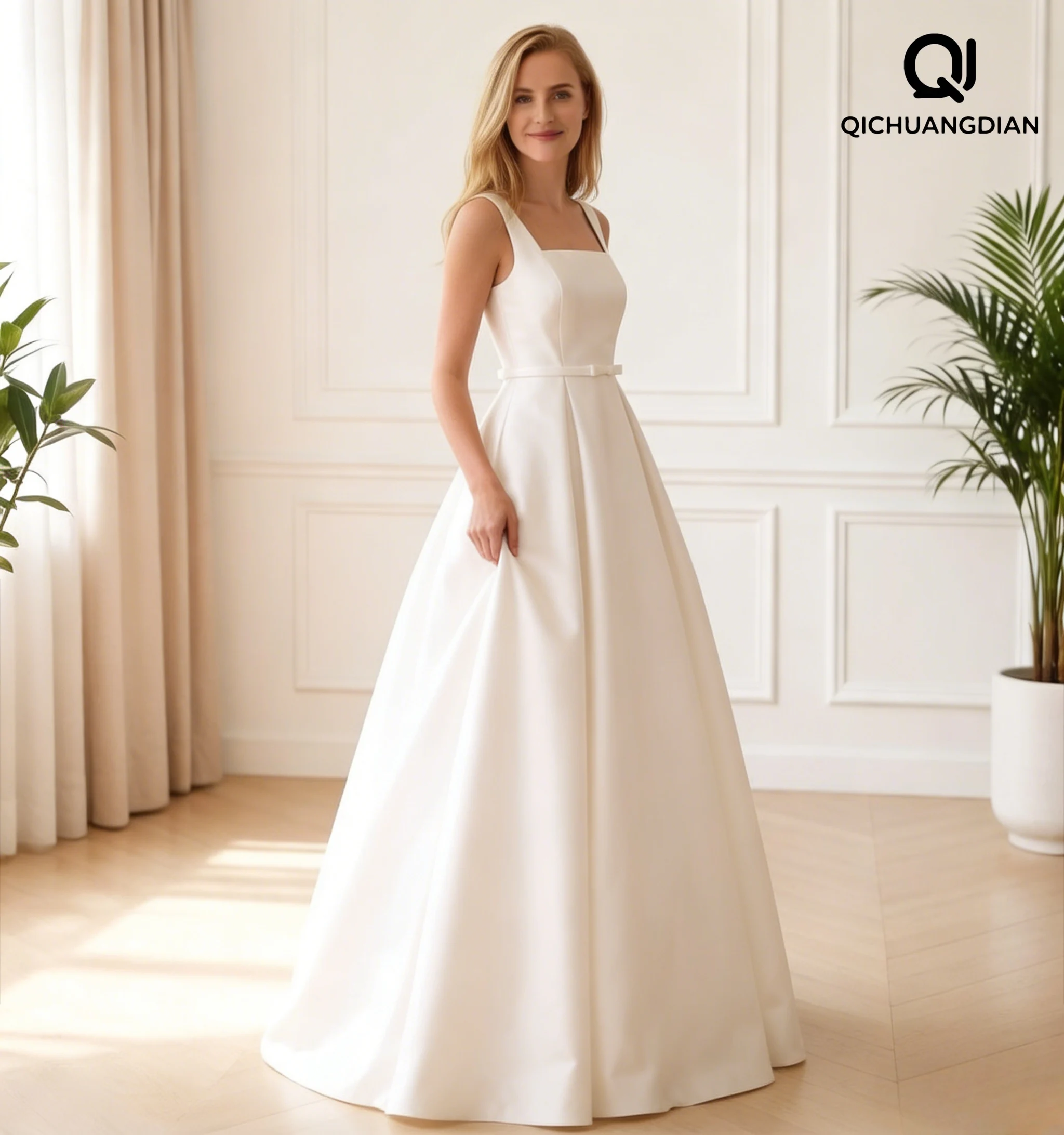 Customized Simple Strapless Wedding Dresses Satin A Line Spaghetti Straps Bride Bow Sweep Trainvestidos de novia robe de mariée
Customized Simple Strapless Wedding Dresses Satin A Line Spaghetti Straps Bride Bow Sweep Trainvestidos de novia robe de mariée