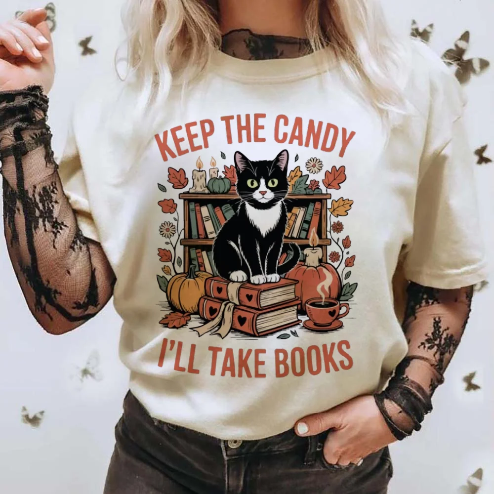 Cat Book Halloween T-Shirt Versatile Women's 90s Short Sleeved Printed T-Shirt Basic Holiday Women's Thanksgiving Clothing Top
Cat Book Halloween T-Shirt Versatile Women's 90s Short Sleeved Printed T-Shirt Basic Holiday Women's Thanksgiving Clothing Top