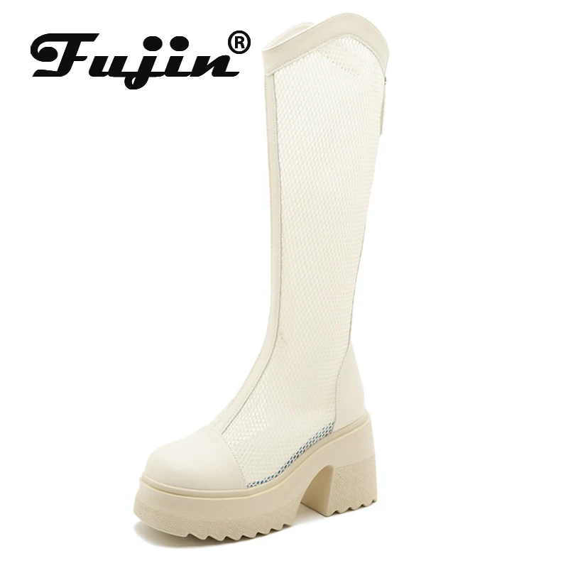 Женские сапоги на платформе Fujin, черные сапоги до колена из натуральной кожи, с сетчатым верхом, на высоком каблуке 10 см, на молнии, летний сезон
Женские сапоги на платформе Fujin, черные сапоги до колена из натуральной кожи, с сетчатым верхом, на высоком каблуке 10 см, на молнии, летний сезон