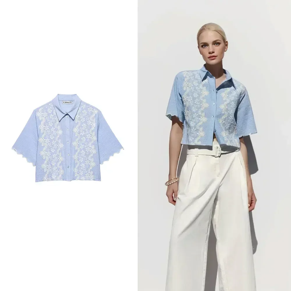 new Fashion women casual Embroidery Crop Blouse Single Breasted Lapel Neck Short Sleeves Female Elegance Chic Lady Shirts
new Fashion women casual Embroidery Crop Blouse Single Breasted Lapel Neck Short Sleeves Female Elegance Chic Lady Shirts