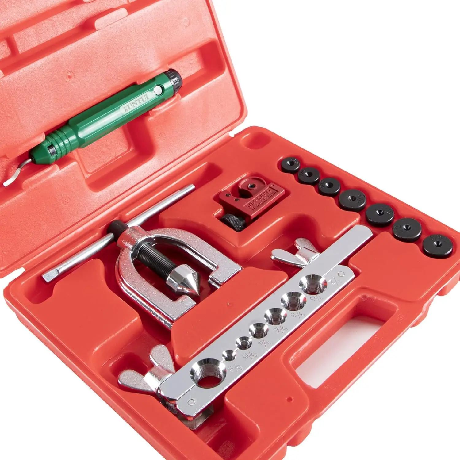 Brake Line Flaring Tool Kit 3/16' to 5/8', Single & Double Flare, 7 Adapters for Copper/Aluminum Fuel Lines, Red Case
Brake Line Flaring Tool Kit 3/16' to 5/8', Single & Double Flare, 7 Adapters for Copper/Aluminum Fuel Lines, Red Case