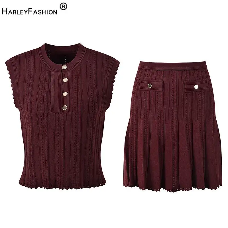 Lady Elegant Style Summer Lady Brief Solid Hollow Out Suits Sleeveless Pullover Tops A-line Mini Skirt Women Knit 2pcs
Lady Elegant Style Summer Lady Brief Solid Hollow Out Suits Sleeveless Pullover Tops A-line Mini Skirt Women Knit 2pcs