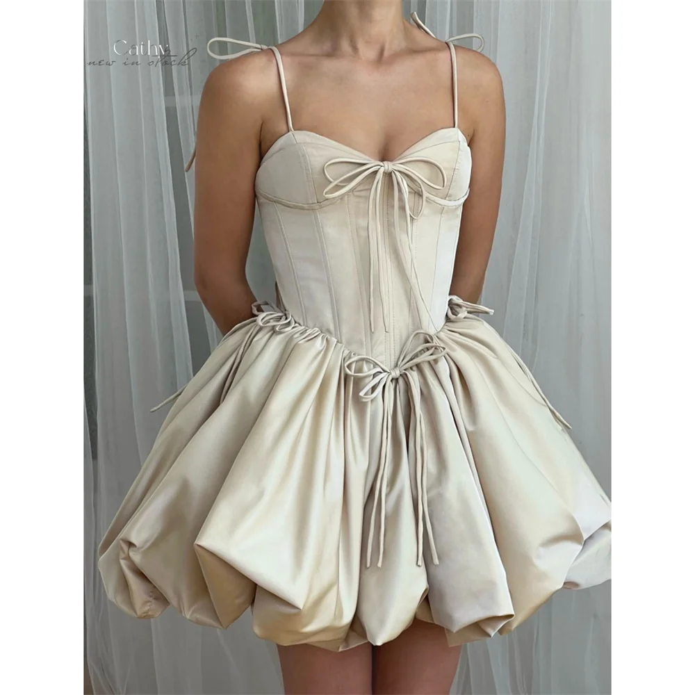 Cathy Customized Khaki A-Line Ball Gown Wedding Dresses Bows Spaghetti Strap vestidos de noiva Corset Mini Formal Evening Dress 
Cathy Customized Khaki A-Line Ball Gown Wedding Dresses Bows Spaghetti Strap vestidos de noiva Corset Mini Formal Evening Dress