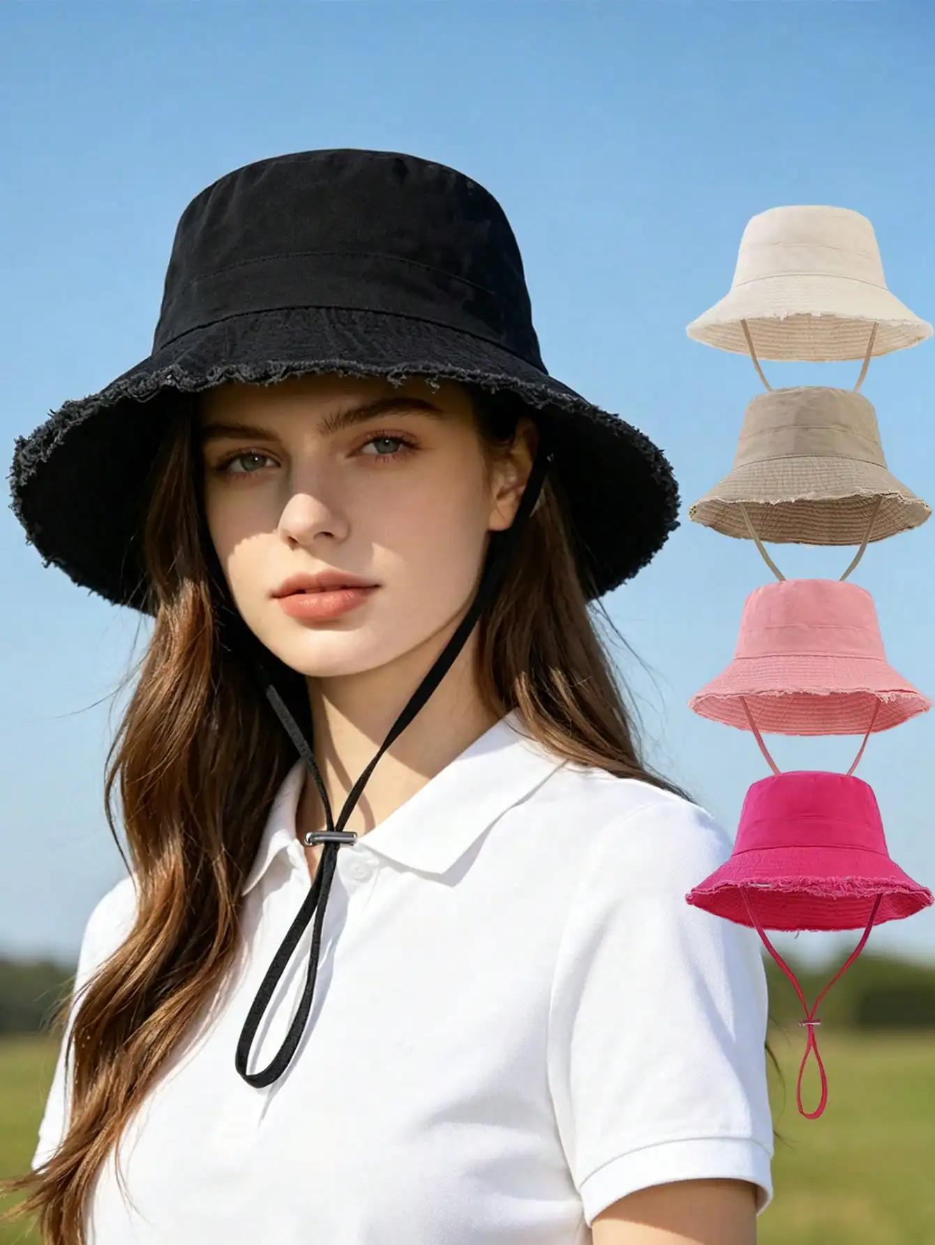 1pc Multi-Color Distressed Frayed Brim Bucket Hat, Women's Wide Brim Sun Protection Windproof Outdoor Hat
1pc Multi-Color Distressed Frayed Brim Bucket Hat, Women's Wide Brim Sun Protection Windproof Outdoor Hat