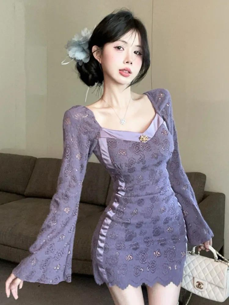 Pure Desire Sexy Hollow out Velvet Lace Purple Short Dress Bell Sleeve Square Collar Waist Cinched Bodycon Skirt
Pure Desire Sexy Hollow out Velvet Lace Purple Short Dress Bell Sleeve Square Collar Waist Cinched Bodycon Skirt
