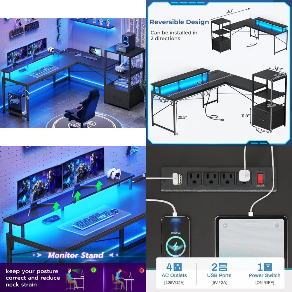 L-Shaped 51 Gaming Desk with Storage, Power Outlets, LED Lights, Fabric Drawer
L-Shaped 51 Gaming Desk with Storage, Power Outlets, LED Lights, Fabric Drawer