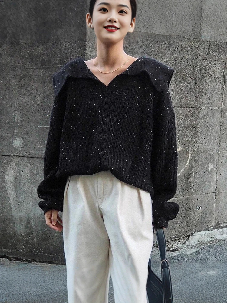 Black Sequined Women's Sweater Autumn Winter Lapel Long Sleeved Loose Pullovers Female Commuting Versatile Knitted Tops
Black Sequined Women's Sweater Autumn Winter Lapel Long Sleeved Loose Pullovers Female Commuting Versatile Knitted Tops