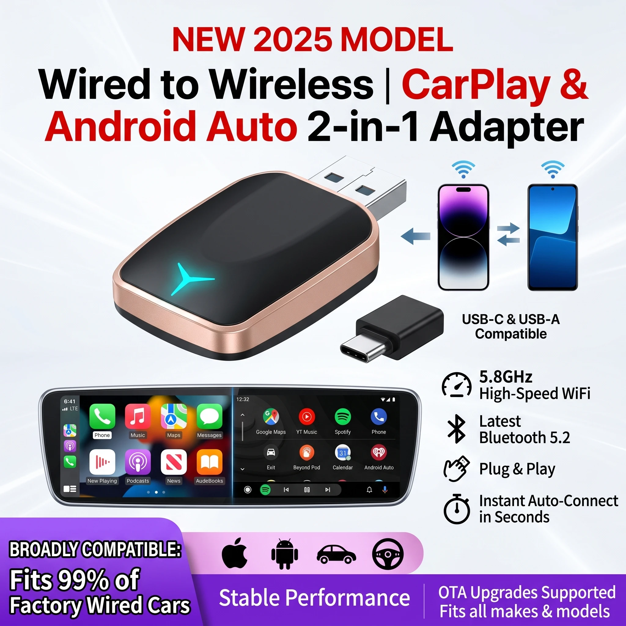 2026 Wireless CarPlay 2 in 1 Dongle Android Auto Adapter Navigation Music Call Siri Google Plug Play For VW Toyota Nissan Honda
2026 Wireless CarPlay 2 in 1 Dongle Android Auto Adapter Navigation Music Call Siri Google Plug Play For VW Toyota Nissan Honda